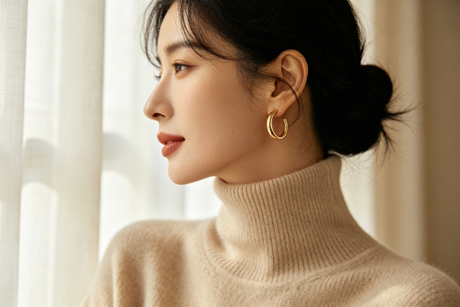 黑发女性佩戴金色素圈耳环的窗边侧影